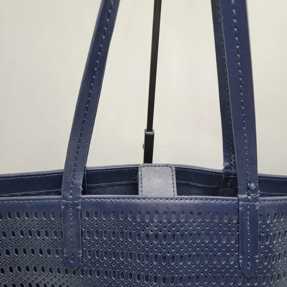 Brooks Brothers Navy Perforated Laser Cut Leather Tote Shoulder Purse Bag